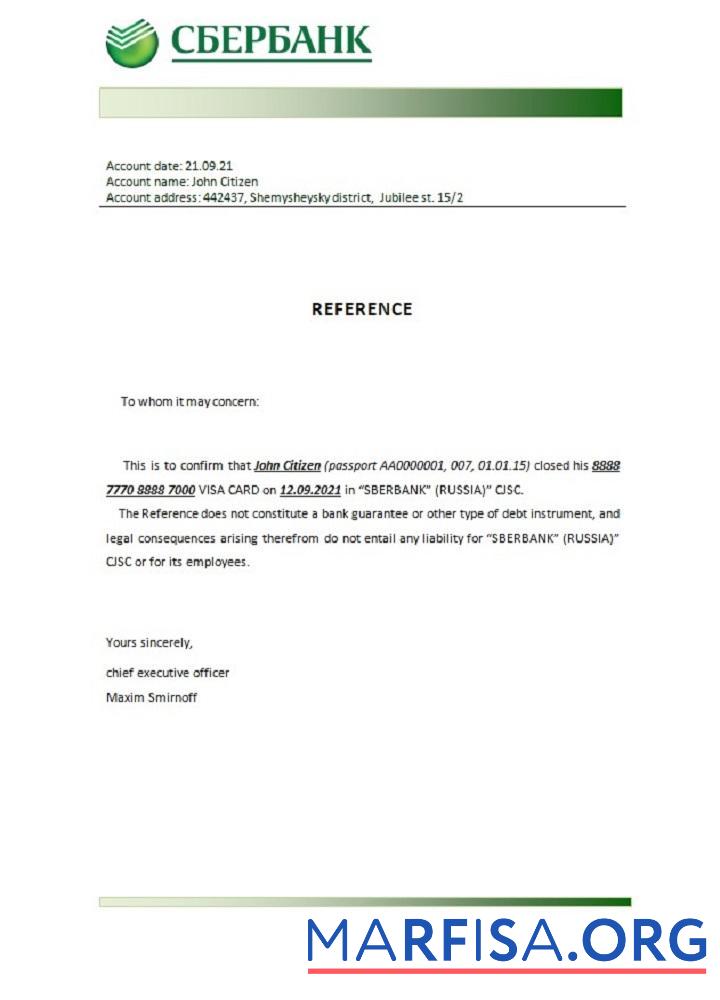 Downloadable Russia Sberbank closure reference template